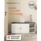 SONGMICS HOME Storage Bench, Superfast Toolless Assembly, Shoe Rack Cabinet with Door & Adjustable Shelf, Rustic White and Slate Gray