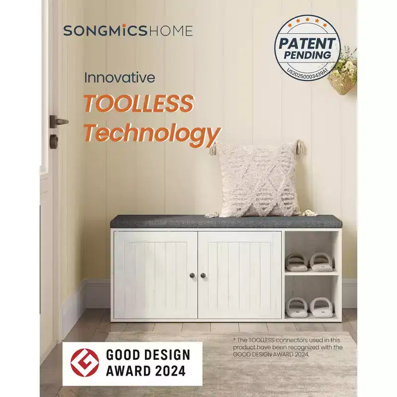 SONGMICS HOME Storage Bench, Superfast Toolless Assembly, Shoe Rack Cabinet with Door & Adjustable Shelf, Rustic White and Slate Gray
