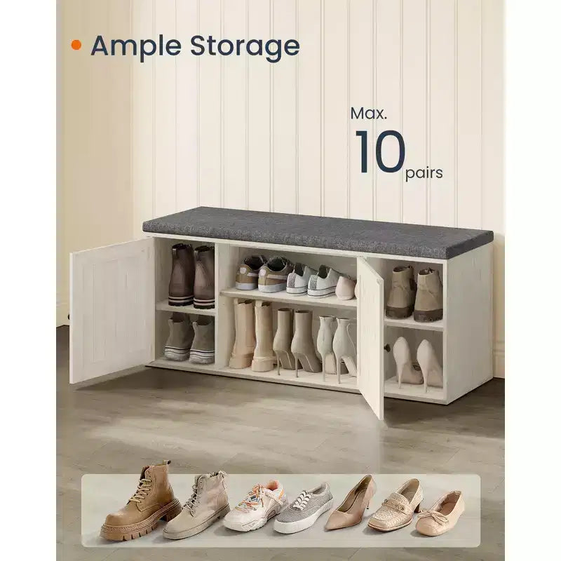 SONGMICS HOME Storage Bench, Superfast Toolless Assembly, Shoe Rack Cabinet with Door & Adjustable Shelf, Rustic White and Slate Gray