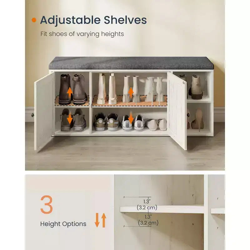SONGMICS HOME Storage Bench, Superfast Toolless Assembly, Shoe Rack Cabinet with Door & Adjustable Shelf, Rustic White and Slate Gray