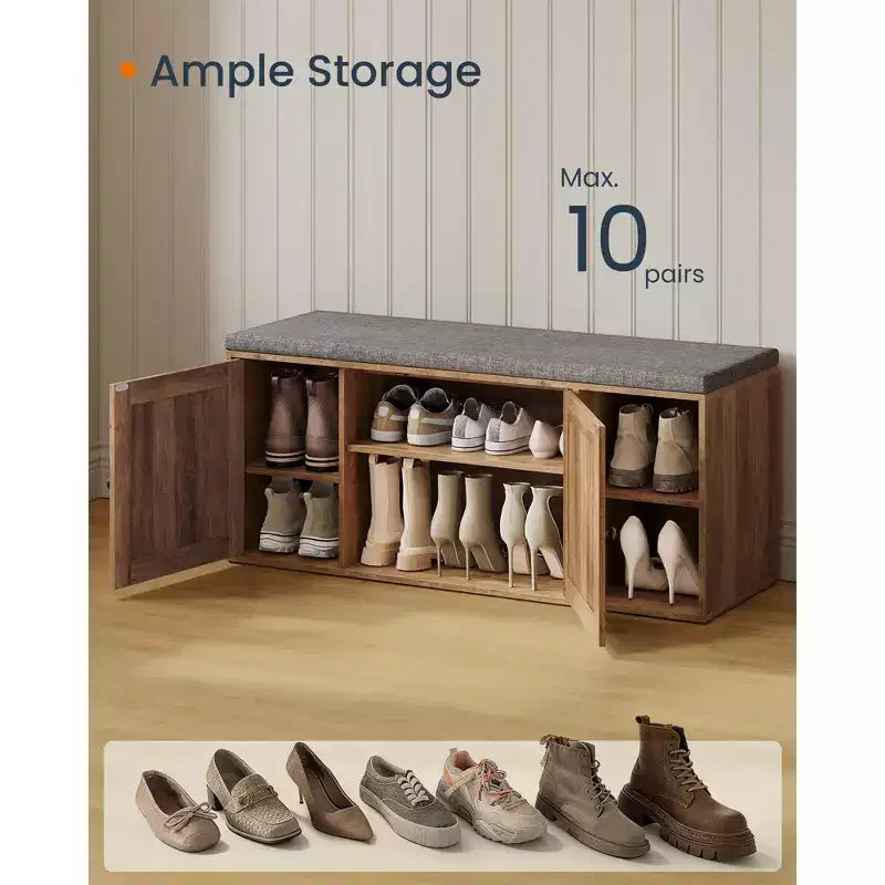 SONGMICS HOME Storage Bench, Superfast Toolless Assembly, Shoe Rack Cabinet with Door & Adjustable Shelf, Rustic White and Slate Gray