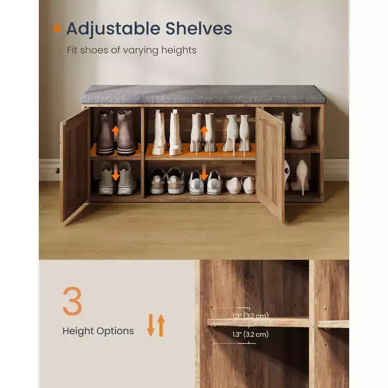 SONGMICS HOME Storage Bench, Superfast Toolless Assembly, Shoe Rack Cabinet with Door & Adjustable Shelf, Rustic White and Slate Gray
