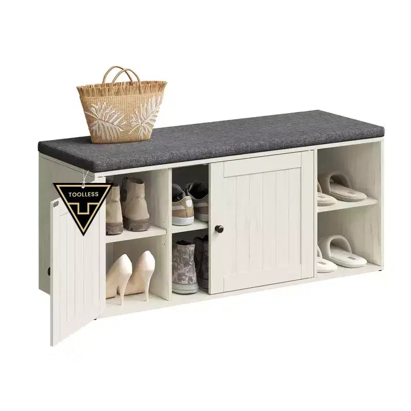 SONGMICS HOME Storage Bench, Superfast Toolless Assembly, Shoe Rack Cabinet with Door & Adjustable Shelf, Rustic White and Slate Gray