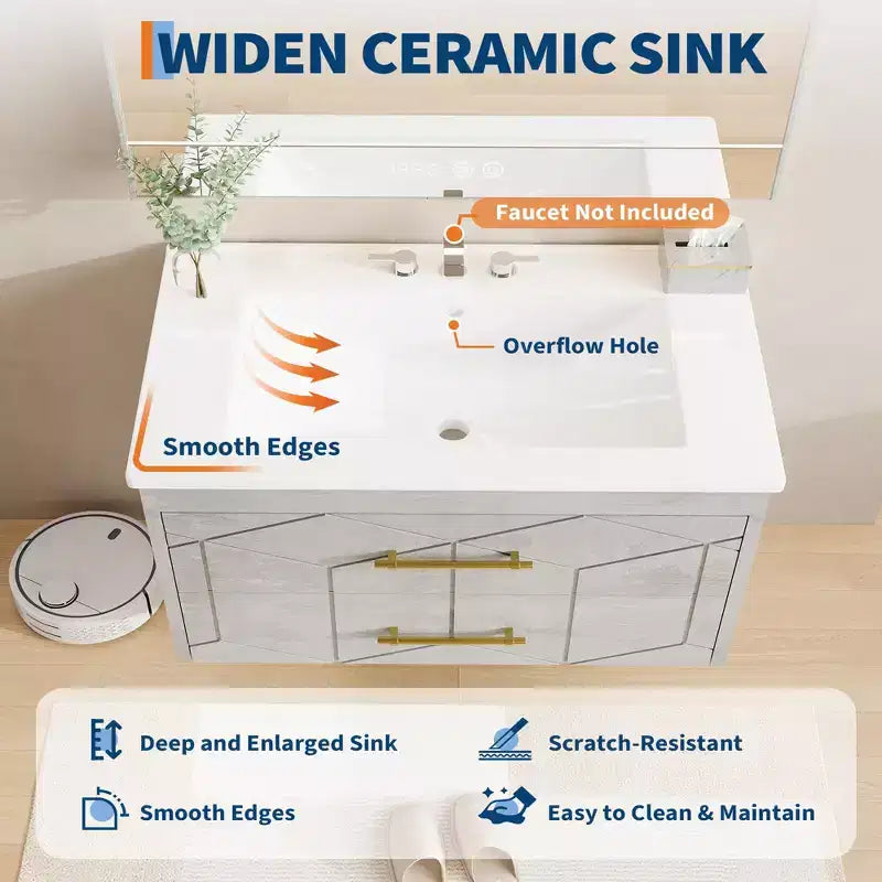 Set moderno di mobile lavabo sospeso con lavello - Mobile a parete con cassetto contenitore a chiusura ammortizzata e maniglia dorata, misura 24 o 30