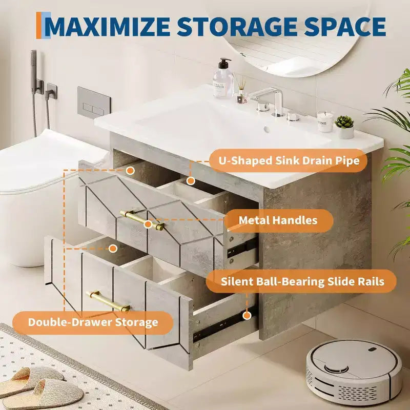 Set moderno di mobile lavabo sospeso con lavello - Mobile a parete con cassetto contenitore a chiusura ammortizzata e maniglia dorata, misura 24 o 30