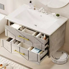 Set moderno di mobile lavabo sospeso con lavello - Mobile a parete con cassetto contenitore a chiusura ammortizzata e maniglia dorata, misura 24 o 30