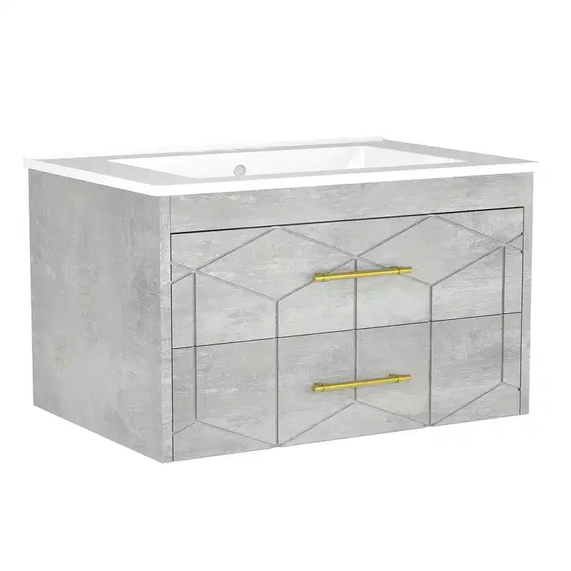 Set moderno di mobile lavabo sospeso con lavello - Mobile a parete con cassetto contenitore a chiusura ammortizzata e maniglia dorata, misura 24 o 30