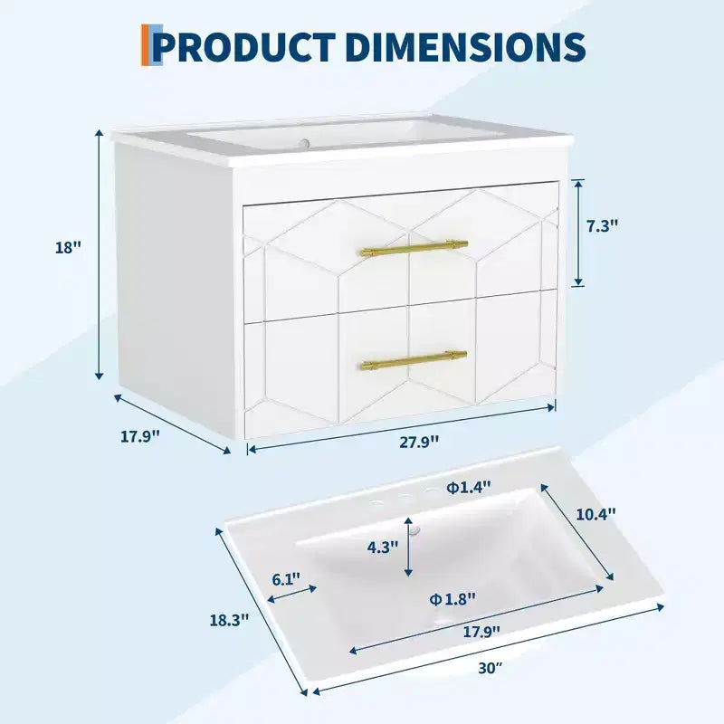 Set moderno di mobile lavabo sospeso con lavello - Mobile a parete con cassetto contenitore a chiusura ammortizzata e maniglia dorata, misura 24 o 30