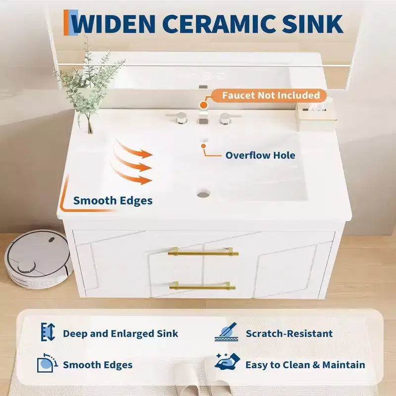 Set moderno di mobile lavabo sospeso con lavello - Mobile a parete con cassetto contenitore a chiusura ammortizzata e maniglia dorata, misura 24 o 30