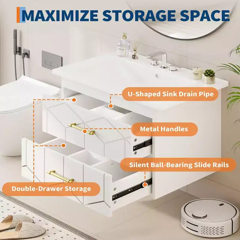 Set moderno di mobile lavabo sospeso con lavello - Mobile a parete con cassetto contenitore a chiusura ammortizzata e maniglia dorata, misura 24 o 30