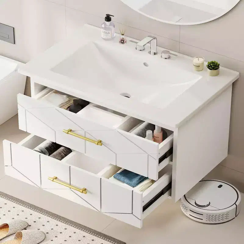 Set moderno di mobile lavabo sospeso con lavello - Mobile a parete con cassetto contenitore a chiusura ammortizzata e maniglia dorata, misura 24 o 30