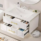 Set moderno di mobile lavabo sospeso con lavello - Mobile a parete con cassetto contenitore a chiusura ammortizzata e maniglia dorata, misura 24 o 30