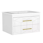 Set moderno di mobile lavabo sospeso con lavello - Mobile a parete con cassetto contenitore a chiusura ammortizzata e maniglia dorata, misura 24 o 30
