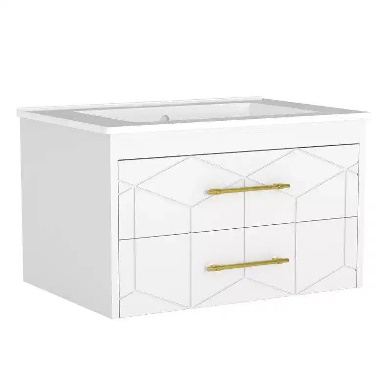 Set moderno di mobile lavabo sospeso con lavello - Mobile a parete con cassetto contenitore a chiusura ammortizzata e maniglia dorata, misura 24 o 30