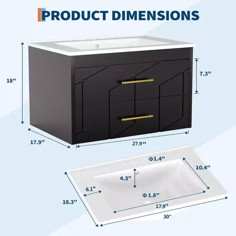 Set moderno di mobile lavabo sospeso con lavello - Mobile a parete con cassetto contenitore a chiusura ammortizzata e maniglia dorata, misura 24 o 30
