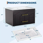 Set moderno di mobile lavabo sospeso con lavello - Mobile a parete con cassetto contenitore a chiusura ammortizzata e maniglia dorata, misura 24 o 30