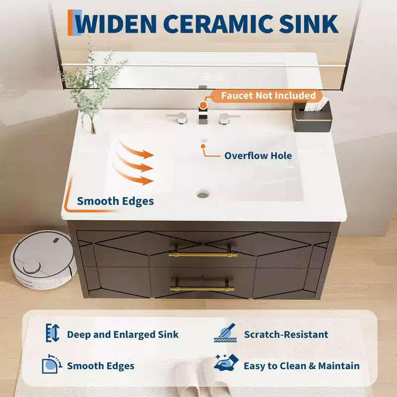 Set moderno di mobile lavabo sospeso con lavello - Mobile a parete con cassetto contenitore a chiusura ammortizzata e maniglia dorata, misura 24 o 30