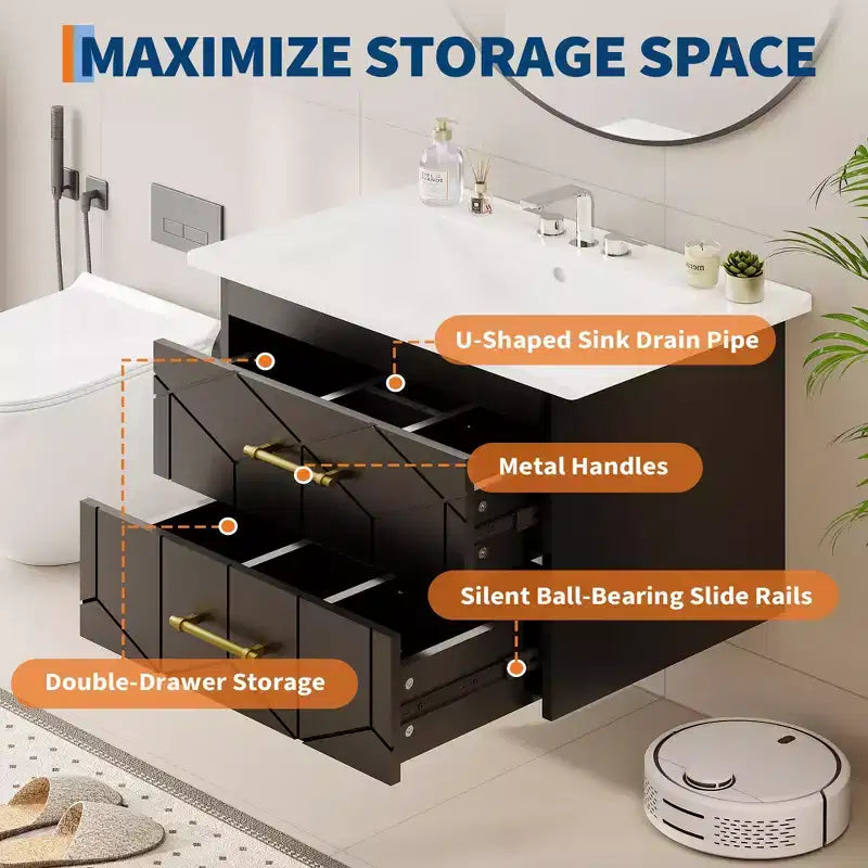 Set moderno di mobile lavabo sospeso con lavello - Mobile a parete con cassetto contenitore a chiusura ammortizzata e maniglia dorata, misura 24 o 30
