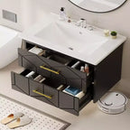 Set moderno di mobile lavabo sospeso con lavello - Mobile a parete con cassetto contenitore a chiusura ammortizzata e maniglia dorata, misura 24 o 30