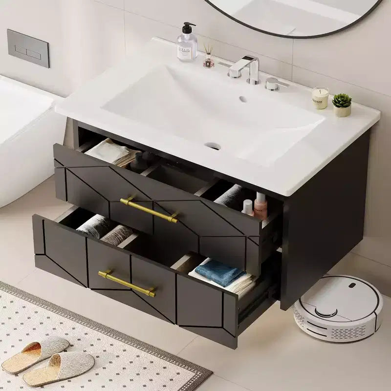 Set moderno di mobile lavabo sospeso con lavello - Mobile a parete con cassetto contenitore a chiusura ammortizzata e maniglia dorata, misura 24 o 30