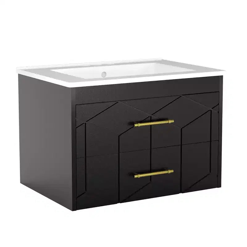 Set moderno di mobile lavabo sospeso con lavello - Mobile a parete con cassetto contenitore a chiusura ammortizzata e maniglia dorata, misura 24 o 30