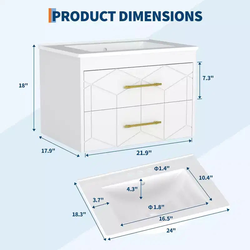 Set moderno di mobile lavabo sospeso con lavello - Mobile a parete con cassetto contenitore a chiusura ammortizzata e maniglia dorata, misura 24 o 30