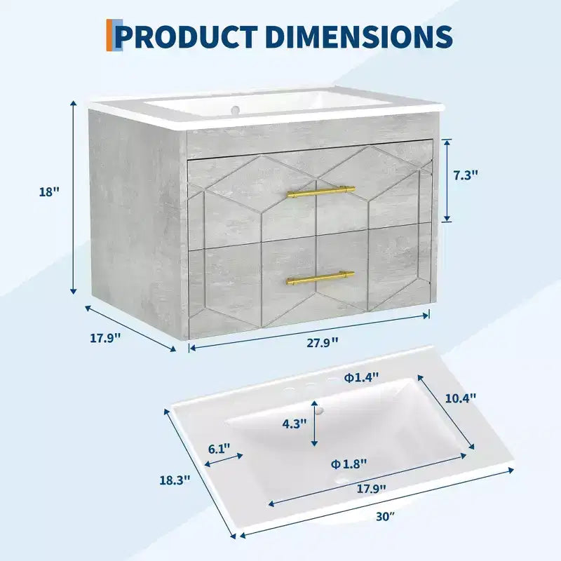 Set moderno di mobile lavabo sospeso con lavello - Mobile a parete con cassetto contenitore a chiusura ammortizzata e maniglia dorata, misura 24 o 30