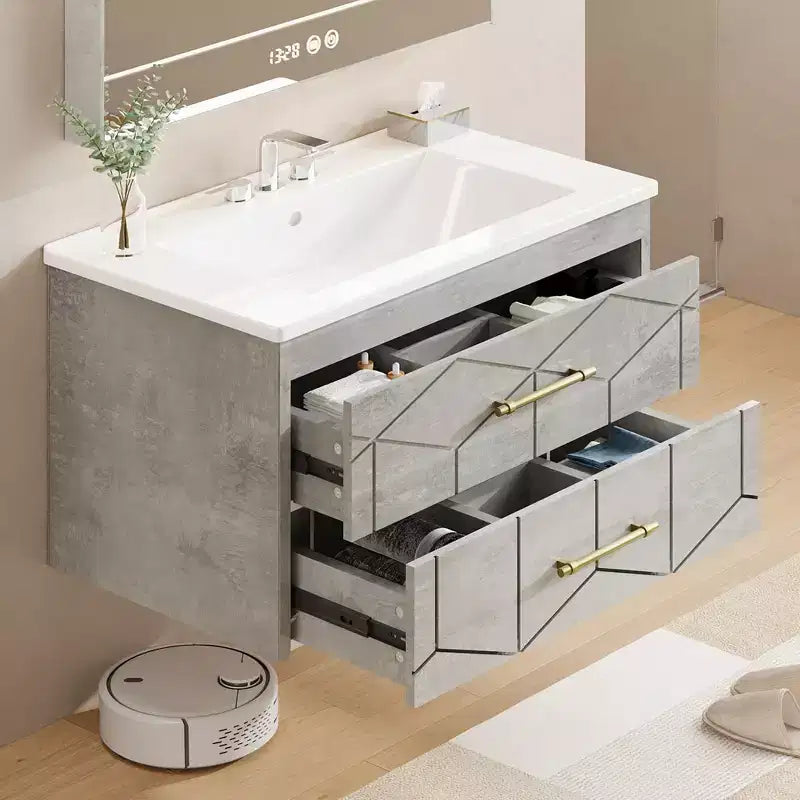 Modern Floating Bathroom Vanity Set with Basin - Wall-Mounted Cabinet with Soft-Close Storage Drawer and Gold Handle, 24 or 30 Size