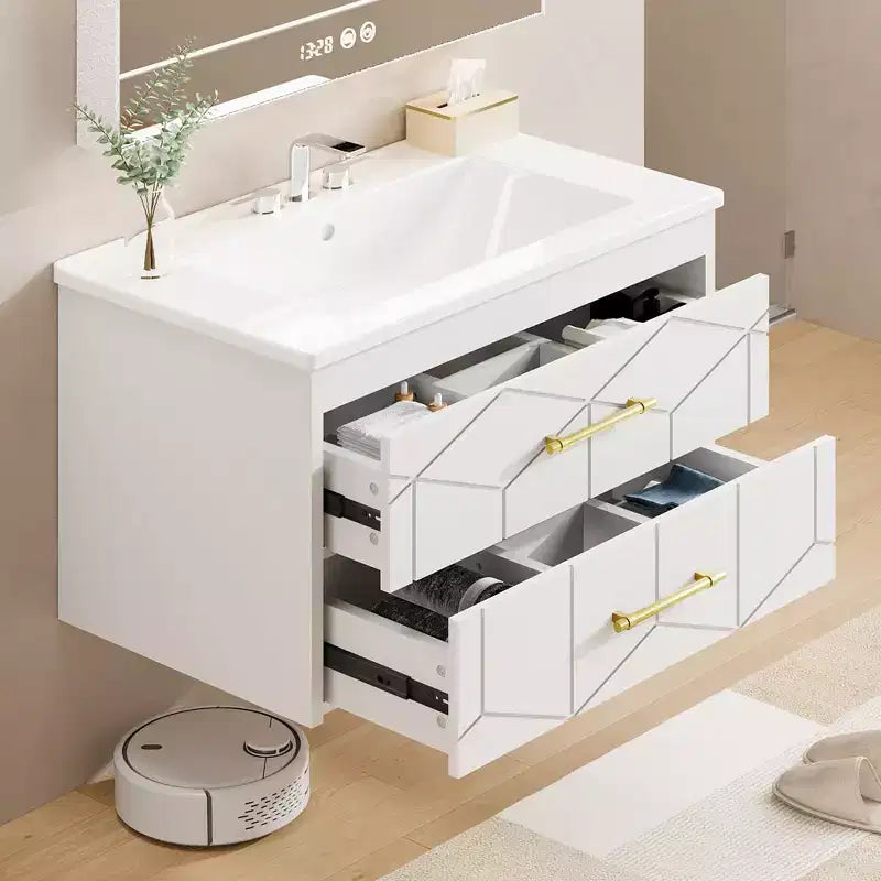 Modern Floating Bathroom Vanity Set with Basin - Wall-Mounted Cabinet with Soft-Close Storage Drawer and Gold Handle, 24 or 30 Size