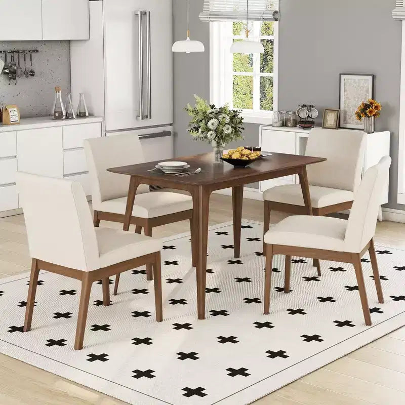 Modern Wood Dining Set for 4, 5 Pieces RectangularTable Set with 4 Upholstered Chairs for Dining Room Kitchen, Light beige,Walnut