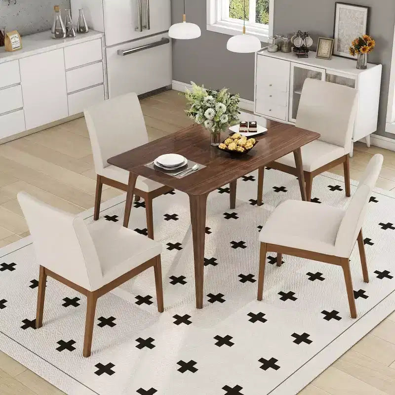 Set da pranzo moderno in legno per 4 persone, 5 pezzi, tavolo rettangolare con 4 sedie imbottite per sala da pranzo e cucina, beige chiaro, noce