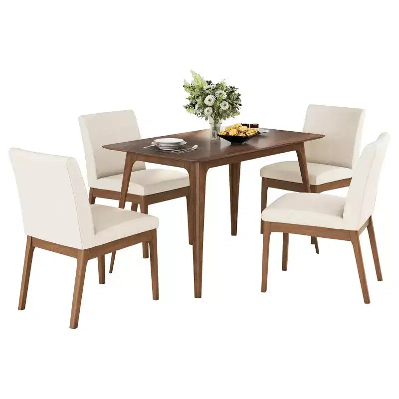 Set da pranzo moderno in legno per 4 persone, 5 pezzi, tavolo rettangolare con 4 sedie imbottite per sala da pranzo e cucina, beige chiaro, noce