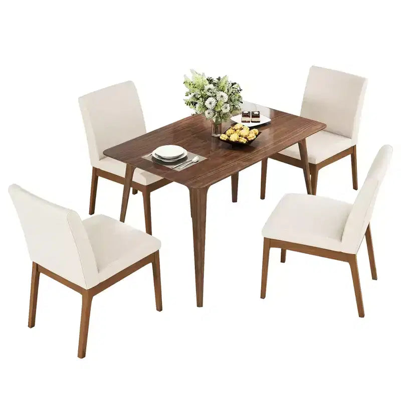 Set da pranzo moderno in legno per 4 persone, 5 pezzi, tavolo rettangolare con 4 sedie imbottite per sala da pranzo e cucina, beige chiaro, noce