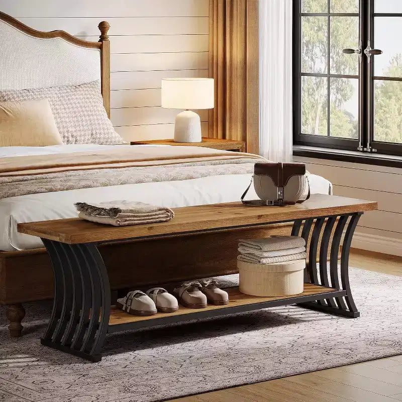 Lantine Industrial Entryway Bench with Shelf, Wood End of Bed Shoe Bench, 55 Long Storage Benches for Bedroom, Hallway, Foyer, Entry, Brown & Black