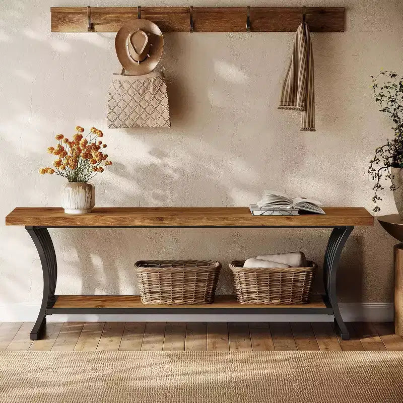 Lantine Industrial Entryway Bench with Shelf, Wood End of Bed Shoe Bench, 55 Long Storage Benches for Bedroom, Hallway, Foyer, Entry, Brown & Black