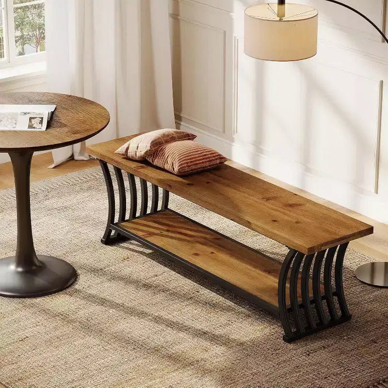 Lantine Industrial Entryway Bench with Shelf, Wood End of Bed Shoe Bench, 55 Long Storage Benches for Bedroom, Hallway, Foyer, Entry, Brown & Black