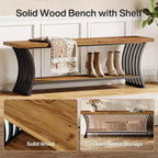Lantine Industrial Entryway Bench with Shelf, Wood End of Bed Shoe Bench, 55 Long Storage Benches for Bedroom, Hallway, Foyer, Entry, Brown & Black