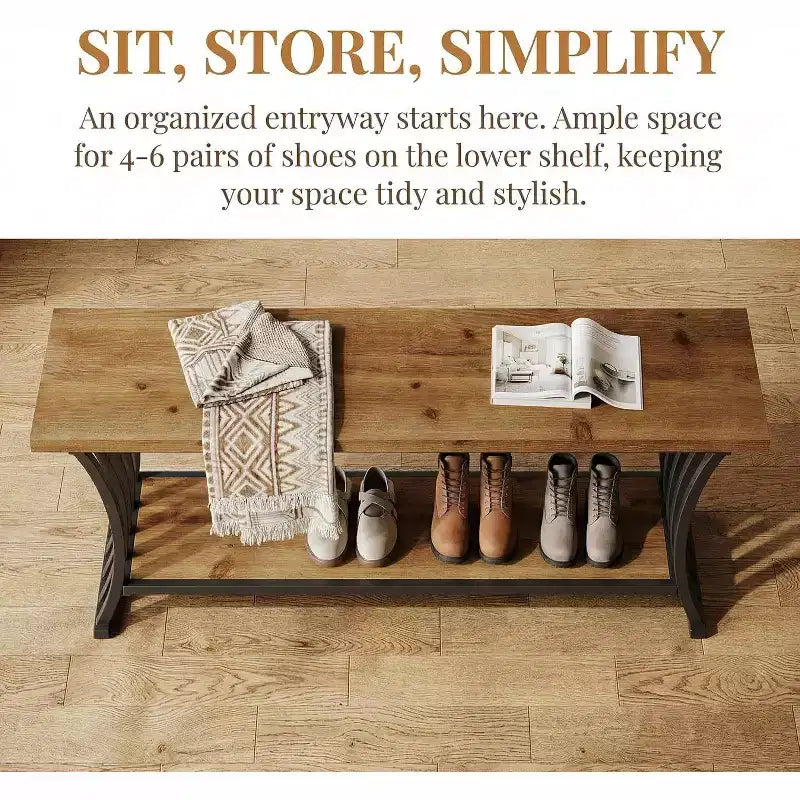 Lantine Industrial Entryway Bench with Shelf, Wood End of Bed Shoe Bench, 55 Long Storage Benches for Bedroom, Hallway, Foyer, Entry, Brown & Black