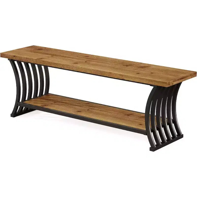 Lantine Industrial Entryway Bench with Shelf, Wood End of Bed Shoe Bench, 55 Long Storage Benches for Bedroom, Hallway, Foyer, Entry, Brown & Black