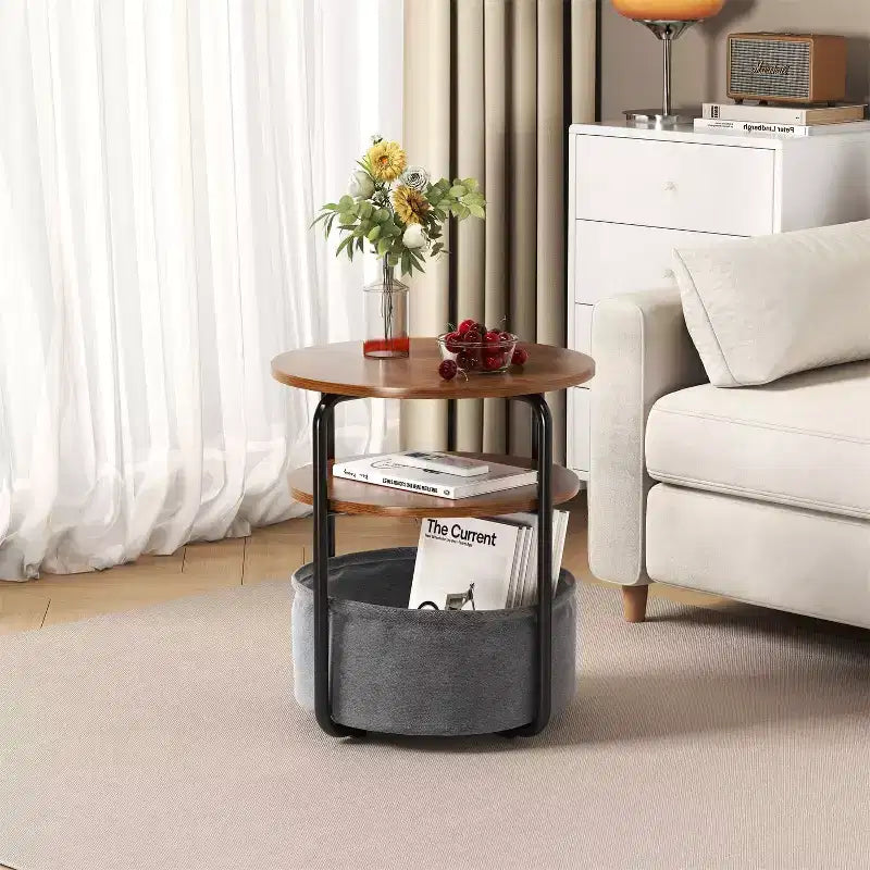 3-Tier Round End Table with Removable Fabric Storage Basket, Sturdy Iron Frame, Easy Assembly, Compact Workstation for Living Room Bedroom