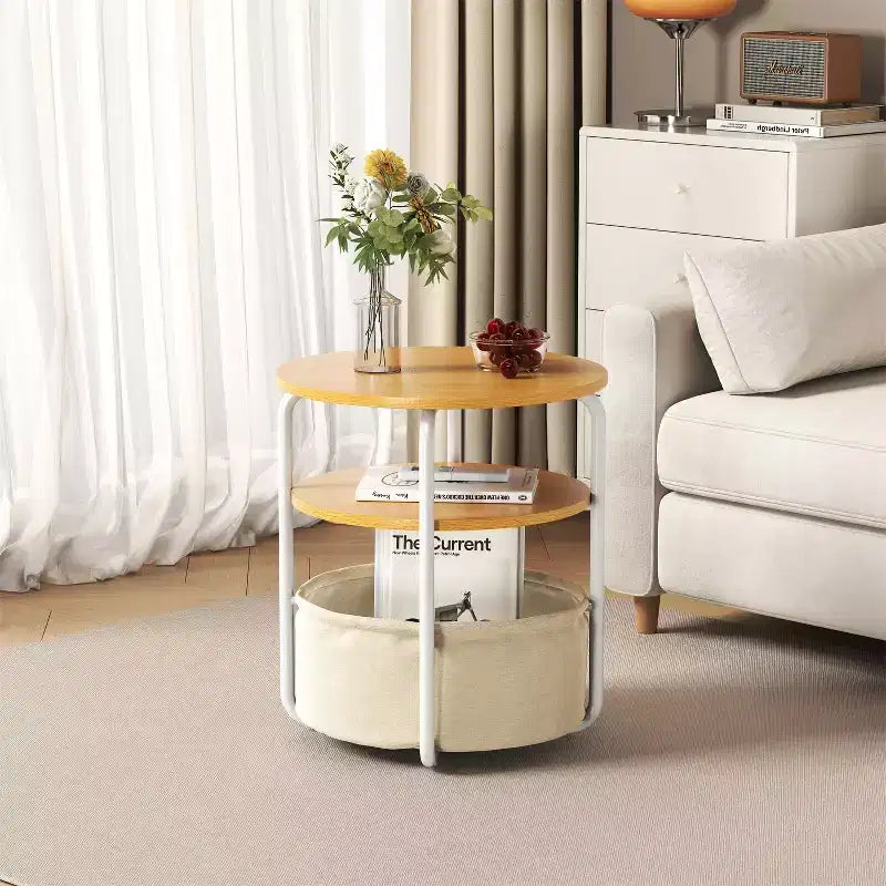 3-Tier Round End Table with Removable Fabric Storage Basket, Sturdy Iron Frame, Easy Assembly, Compact Workstation for Living Room Bedroom