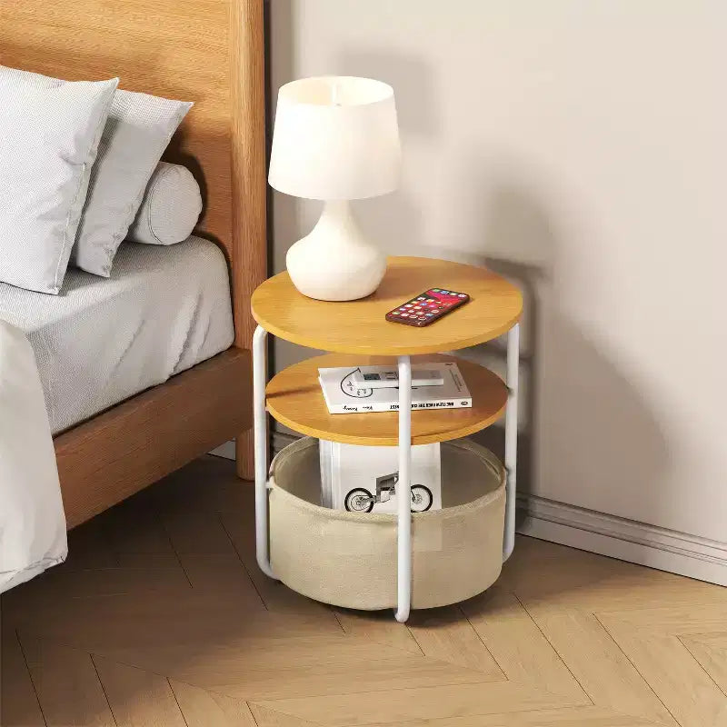 3-Tier Round End Table with Removable Fabric Storage Basket, Sturdy Iron Frame, Easy Assembly, Compact Workstation for Living Room Bedroom