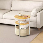 3-Tier Round End Table with Removable Fabric Storage Basket, Sturdy Iron Frame, Easy Assembly, Compact Workstation for Living Room Bedroom
