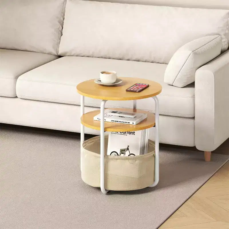 3-Tier Round End Table with Removable Fabric Storage Basket, Sturdy Iron Frame, Easy Assembly, Compact Workstation for Living Room Bedroom