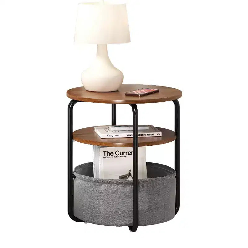 3-Tier Round End Table with Removable Fabric Storage Basket, Sturdy Iron Frame, Easy Assembly, Compact Workstation for Living Room Bedroom