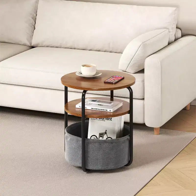 3-Tier Round End Table with Removable Fabric Storage Basket, Sturdy Iron Frame, Easy Assembly, Compact Workstation for Living Room Bedroom