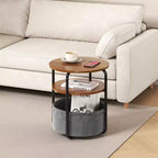 3-Tier Round End Table with Removable Fabric Storage Basket, Sturdy Iron Frame, Easy Assembly, Compact Workstation for Living Room Bedroom