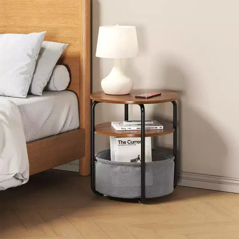 3-Tier Round End Table with Removable Fabric Storage Basket, Sturdy Iron Frame, Easy Assembly, Compact Workstation for Living Room Bedroom