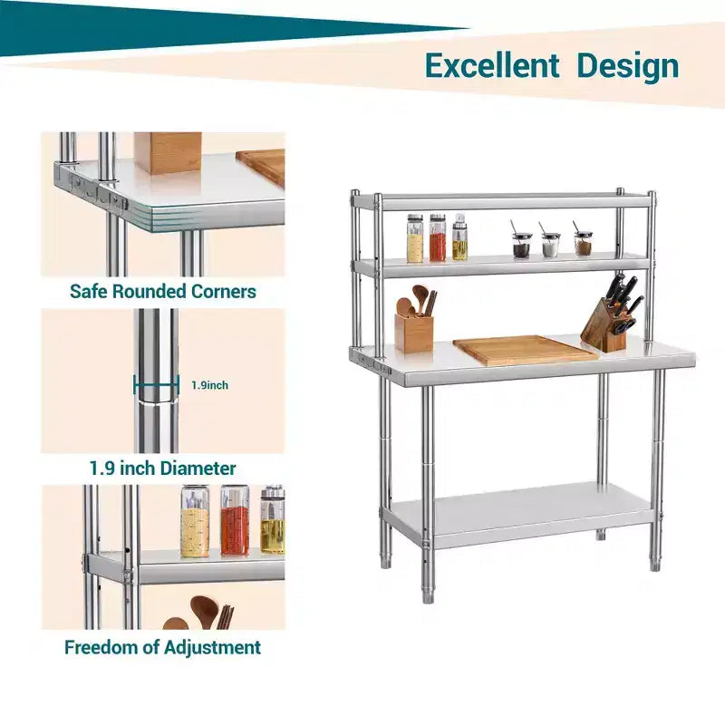 Heavy Duty Stainless Steel Work Table with Overshelf, Commercial Prep Table for Restaurant, Kitchen and Workshop Use, Multiple Sizes Available