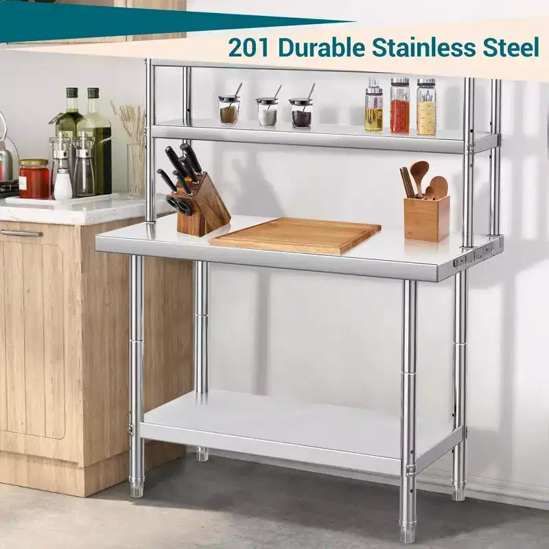 Heavy Duty Stainless Steel Work Table with Overshelf, Commercial Prep Table for Restaurant, Kitchen and Workshop Use, Multiple Sizes Available